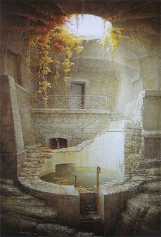 a painting of a well in the middle of a stone building with ivy growing on it