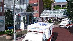 an ambulance is parked in front of a hospital