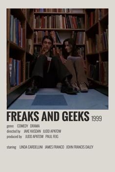 two people sitting on the floor in front of bookshelves with text reading freaks and geeks 1989