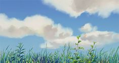 an anime scene with grass and clouds in the background