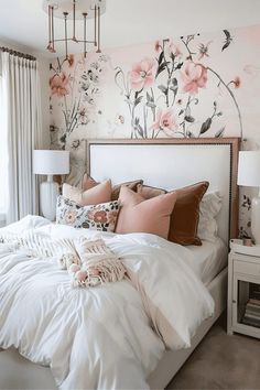 a white bed topped with lots of pillows next to a wall covered in pink flowers