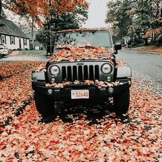 a jeep parked on the side of a road covered in leaves