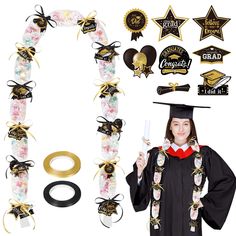 a woman wearing a graduation cap and gown holding a diploma in front of some decorations