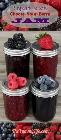 jars filled with berries and blueberries sitting on top of a wooden table next to strawberries