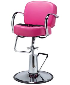 a pink chair with chrome frame and foot rest on top of a metal base stand