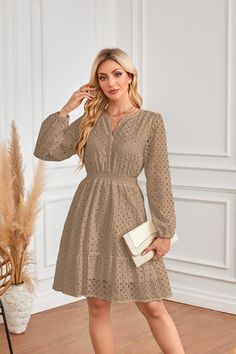 F00285183-704 Eyelet Embroidery, Wedding Look, Women Long Sleeve Dress, Khaki Dress, Collars For Women, Slim Dresses, Daily Dress, Cutout Dress, Tiered Dress