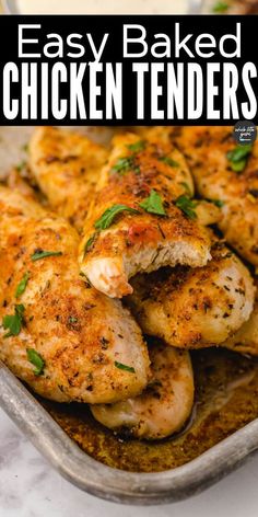 easy baked chicken tenders in a baking pan with herbs and seasoning on top