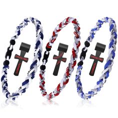 two bracelets with crosses on them, one is red white and the other is blue