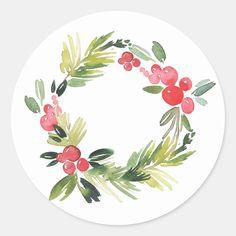 a watercolor christmas wreath with red berries and green leaves