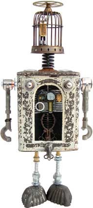 an old fashioned robot with keys and a birdcage on it's head