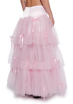 This maxi skirt has a tiered ruffled tulle construction with a satin waist, satin bow appliques, and a back hook and zipper closure. Nye 2024, Tulle Maxi Skirt, Sugar Thrillz, Fairy Dress, Satin Bow, Kawaii Fashion, Dolls Kill, Satin Ribbon, Exclusive Collection