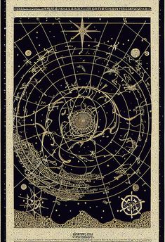 an image of the solar system with stars and planets in gold ink on black paper