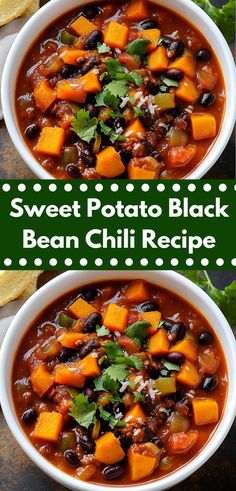 two bowls of sweet potato black bean chili with tortilla chips on the side