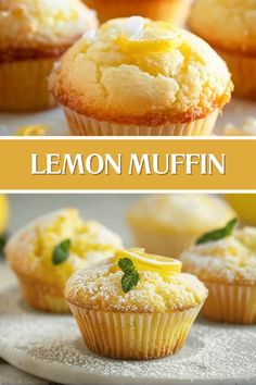 lemon muffins with powdered sugar and fresh mint on the top are shown