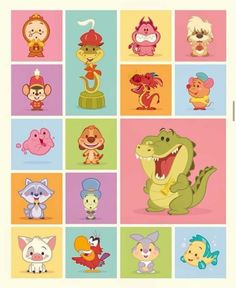 an image of various cartoon animals on different colors and sizes, including one with a large mouth