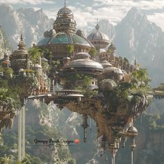 a futuristic city surrounded by mountains and trees