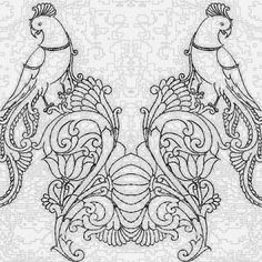 two birds sitting on top of each other in the middle of an ornate design with swirls