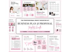 the pink business plan and proposal template is displayed on top of a white background with pink accents