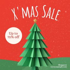 a paper christmas tree with the words x'mas sale up to 75 % off