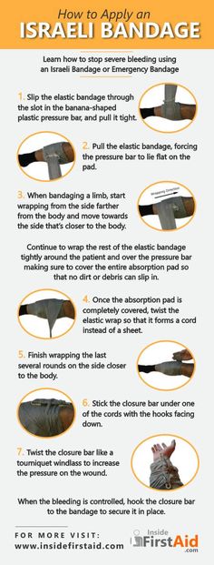 Stop severe bleeding using an Israeli Bandage, also known as emergency bandage. This infographic is very useful for the EMT community, paramedics, first aid responders and the general public interested in first aid. Learn more about the Israeli Bandage in http://recert911.work/ Survival Fitness, Doomsday Preppers, Emergency First Aid, Emt Paramedic, Medical Emergency, Info Graphic, Medical Kit, Emergency Medicine, Emergency Prepping