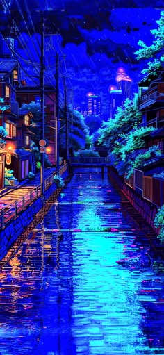 a painting of a river running through a city at night