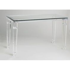 an acrylic table with two legs and a glass top on the bottom, against a white background