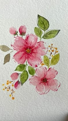 watercolor painting of pink flowers and green leaves on white paper with colored pencils