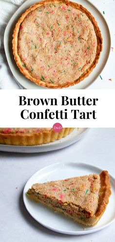 a brown butter confetti tart on a white plate