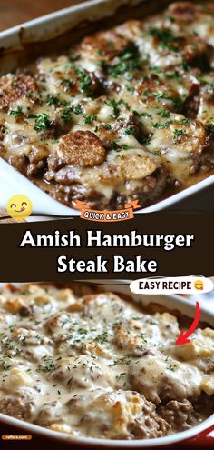 an easy hamburger steak bake is shown in two different pans