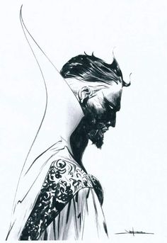 a black and white drawing of a man with long hair, wearing a cloak over his head