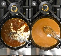 two pans filled with food sitting next to each other on top of a stove