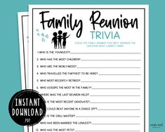 a family reunion trivia is shown with the word family reunion written in black on it