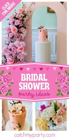 a pink bridal shower party with flowers and cakes