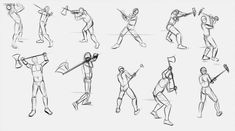 a bunch of sketches of people doing different things with their arms and legs in the air