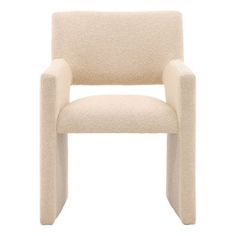 an upholstered beige chair with arms and legs, viewed from the front on a white background