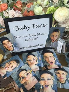 baby face pictures are on display with flowers in the background