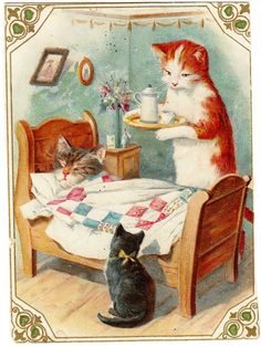 two cats are sitting at the table and one cat is eating out of a plate