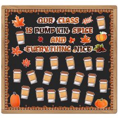 an autumn themed bulletin board with pumpkins, leaves and cups on the blackboard