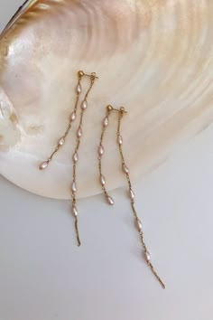 Dangle Pearl Drop Shell Earrings, Ocean-inspired Dangle Pearl Drop Jewelry, Dangle Shell Pearl Earrings, Gold Pearl Drop Earrings With Shell, Christine Elizabeth, Ocean-inspired Pearl Drop Earrings, Affordable Fine Jewelry, Pearl Statement Earrings, Elizabeth Jewelry