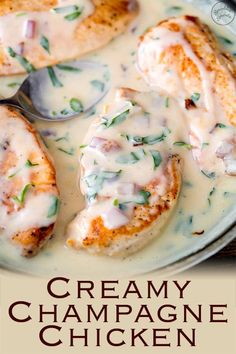 creamy champagne chicken on a plate with a spoon