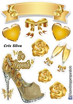 a set of gold stickers with roses and high heels