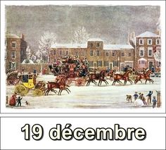 an image of a christmas card with horses and carriages on the snow covered ground in front of buildings