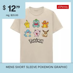 Mix up your casual wardrobe with this fun Pokemon men's graphic t-shirt design. This crew neck short-sleeve tee is made from a soft cotton-jersey for a regular-fit. Wear it with your favorite jeans or cargo shorts. Character: PokemonClosure Type: Pullover HeadFit: Regular FitNeckline: Crew NeckSleeve Length: Short SleeveFiber Content: 100% CottonFabric Description: JerseyCare: Tumble Dry, Machine WashCountry of Origin: Imported Fan Merchandise Graphic Design Short Sleeve Shirt, Short Sleeve Graphic Tee With Character Print, Graphic Tee With Character Print Short Sleeve, Pokemon Graphic, Tops Graphic, Men's Graphic T Shirt, Casual Wardrobe, Favorite Jeans, T Shirt Design