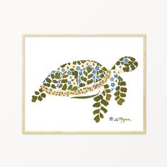 a painting of a turtle with blue and green leaves on it's back, in front of a white background