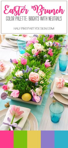 an easter brunch table setting with flowers and eggs