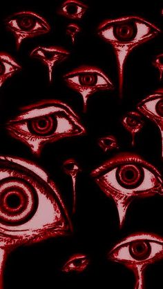 many different types of eyes are shown in red and black colors on a dark background