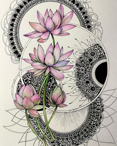 a drawing of pink flowers in front of a yin - yang wheel with an intricate design