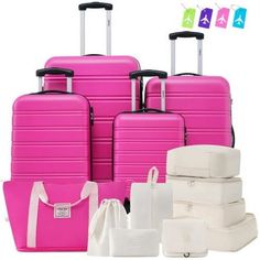 [Include]Expanable Spinner Wheel 4 Piece Luggage Sets ABS Lightweight Suitcase with TSA Lock 16"+20"+24"+28" Luggages & 1 Travel Bag & 8 Luggage Storage Bags & 4 Luggage Tags [Suitable Luggage Set] Coming in a complete uniform set, enjoy a matching small and large luggage to travel with together or separately depending on how much you decide to bring with you on your trip.The 24inches and 28inches Suitcases,can expand for extra storage room while needed. [Lightweight and Durable] Keep your load as lightweight as possible while traveling with our luggage pieces manufactured with feather light ABS material formulated for high durability while not weighing the luggage down.The surface resists scratches,won't be scratched easily, keeping your suitcase still keeping great after travel. [Safegua Lightweight Carry On Luggage, Hard Case Luggage, Hard Suitcase, Luggage Storage Bag, Pink Luggage, Lightweight Suitcase, Large Luggage, Hardside Luggage, Spinner Suitcase