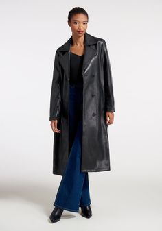 Gothic-chic with a 90’s edge, this black faux-leather trench coat from Aussie brand Dangerfield will bring a touch of noir mystique to your fall and winter ensembles. Boasting classic trench detailing that includes double-breasted button closure, a wide notched-lapel collar, handy side pockets, and a retro-chic mid-calf length, this faux-leather coat has a slightly oversized silhouette and a whole lot of attitude. Please Note: Aussie brands have their own sizing, so be sure to check the size cha Plus Size Leather Trench Coats, Plus Size Vintage Clothing, Faux Leather Outfits, Designer Plus Size Clothing, Vintage Inspired Shoes, Cute Red Dresses, Gothic Chic, Statement Outfit, Black Leather Coat