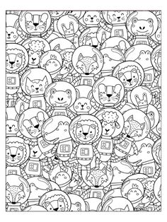 a coloring page with lots of cartoon animals and faces on it, all in black and white